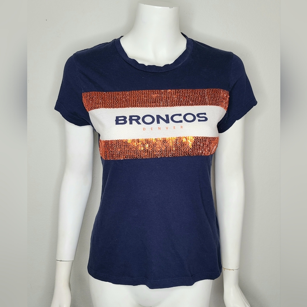 Denver Broncos Navy and Orange Sequin Women's Tee